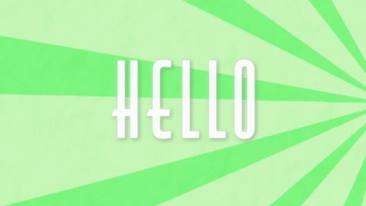 Animation of hello text banner against spinning radial rays on green background