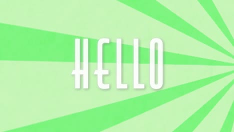 animation of hello text banner against spinning radial rays on green background