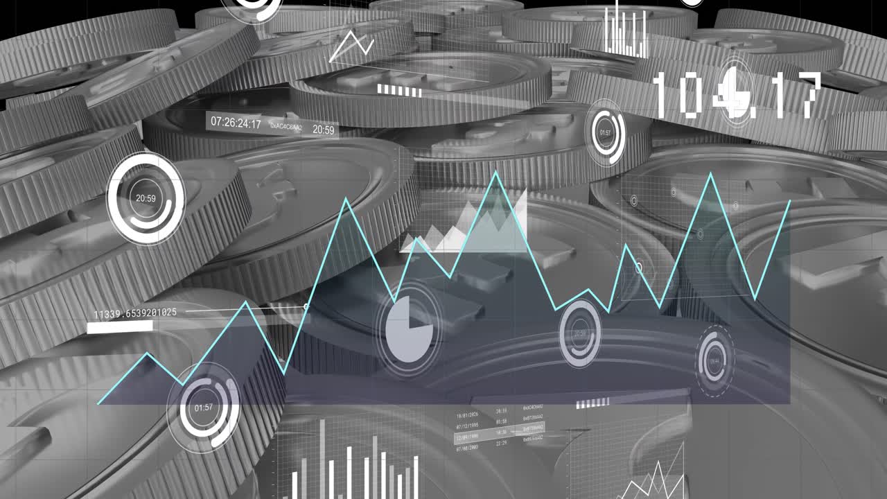Animation of financial data processing over british pound silver coins