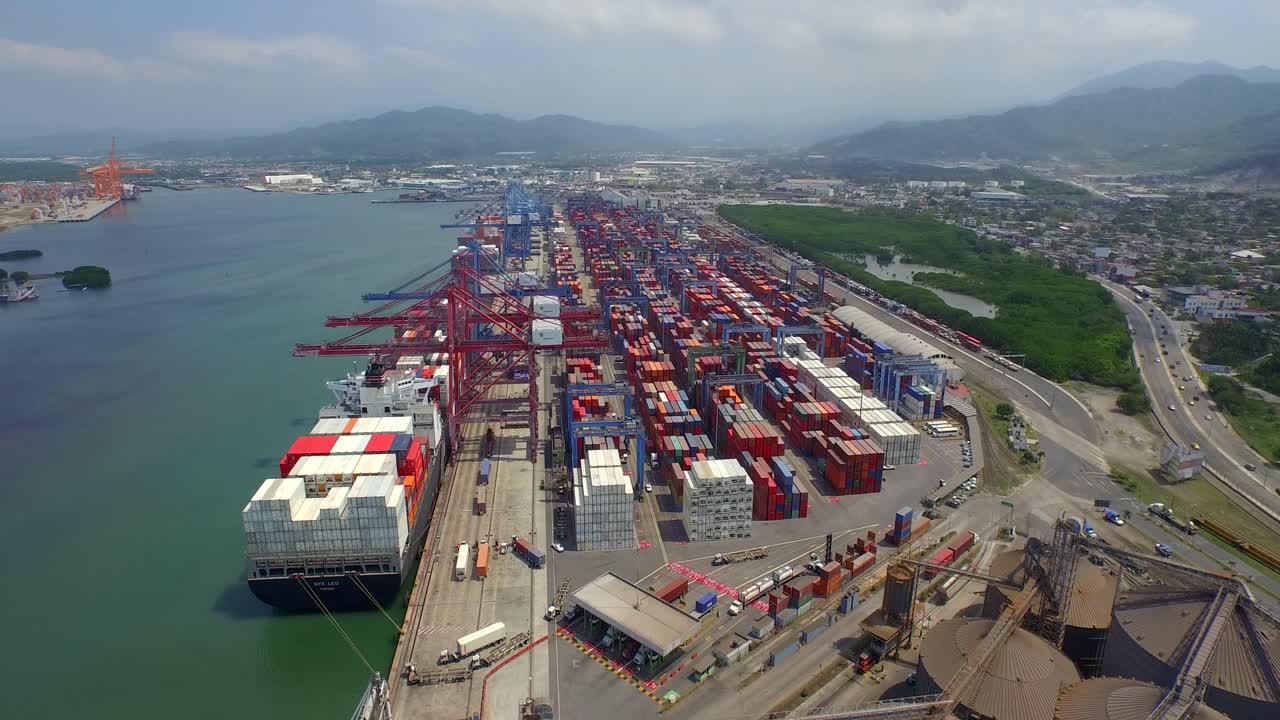 Aerial wide shot of a port terminal.