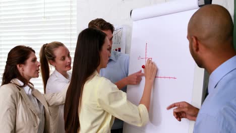 equipo de negocios casual viendo a un colega dibujar un gráfico