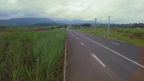 a jib shot of an empty road, surrounded by tall grass