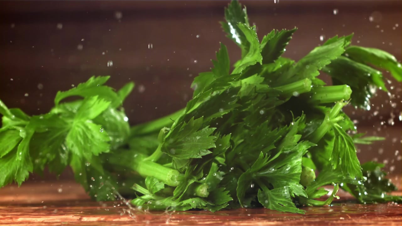 Sedano verde fresco con gocce d'acqua che schizzano al rallentatore