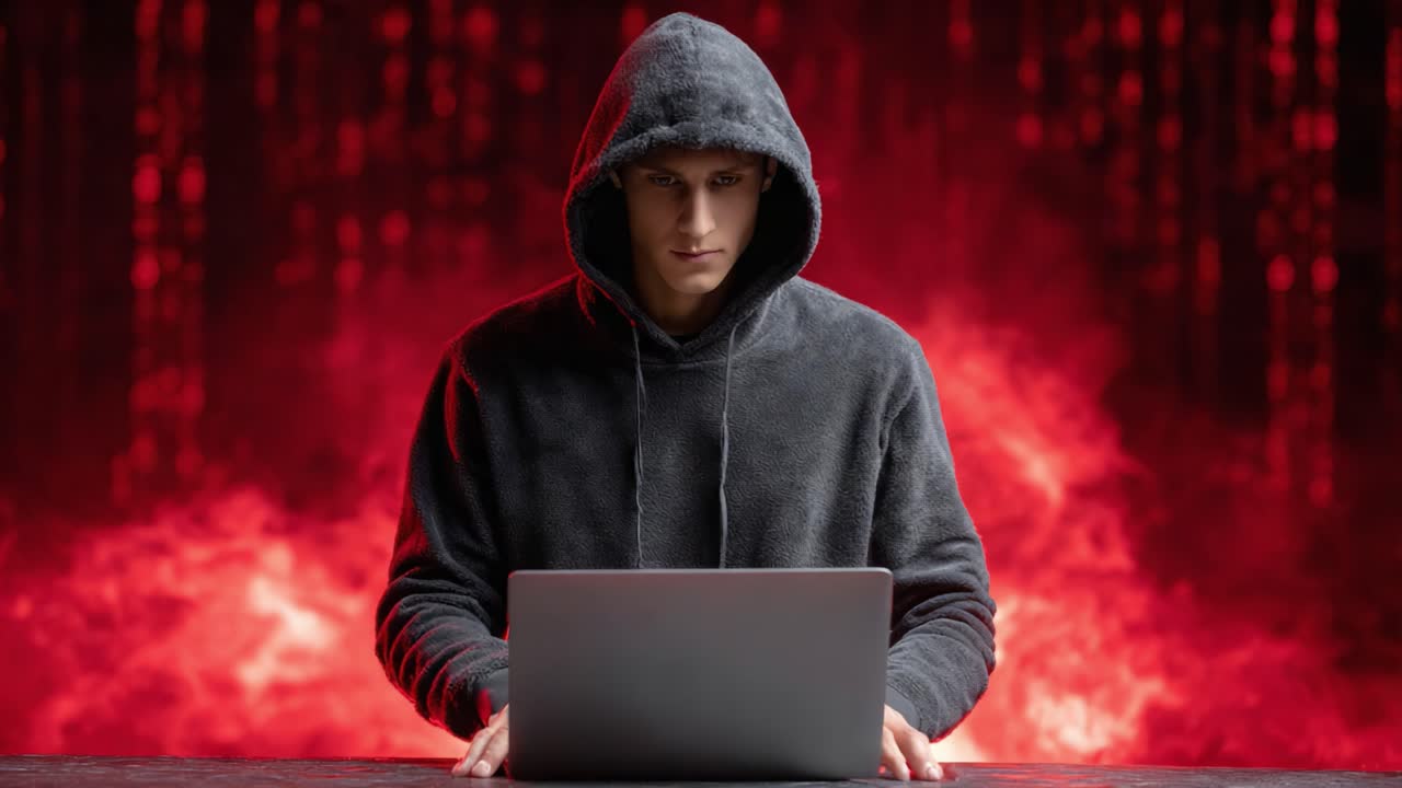 A mysterious figure in a dark hoodie focuses intently on a laptop, surrounded by a vivid red background with a digital, matrix-like pattern, evoking a sense of intrigue and technology