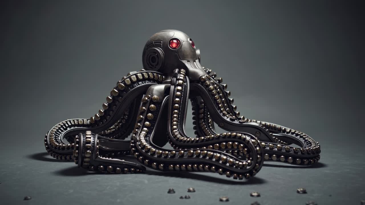 Metallic steampunk octopus awakening, red eyed robotic creature resting on weathered gray surface scattered with mechanical screws, blending Victorian design with cybernetic innovation