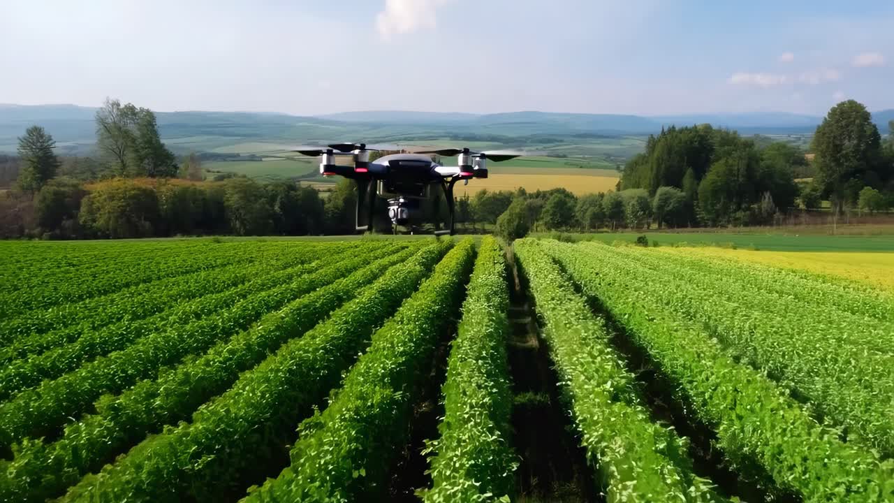 Aerial video of a drone flying low over lush green fields, showcasing a sweeping landscape view
