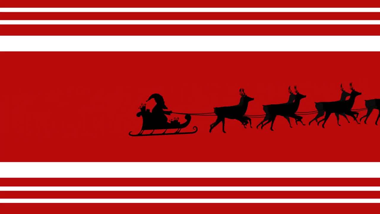 Animation santa claus in sleigh with reindeer moving on red striped christmas background