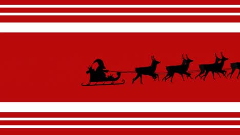 Animation-santa-claus-in-sleigh-with-reindeer-moving-on-red-striped-christmas-background