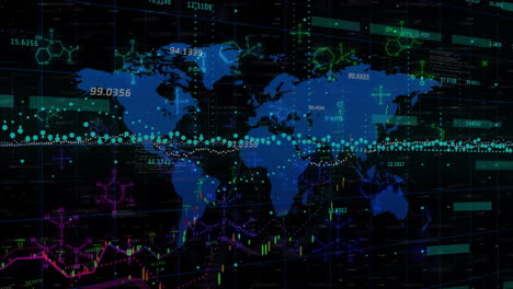 global financial data and stock market trends animation over world map