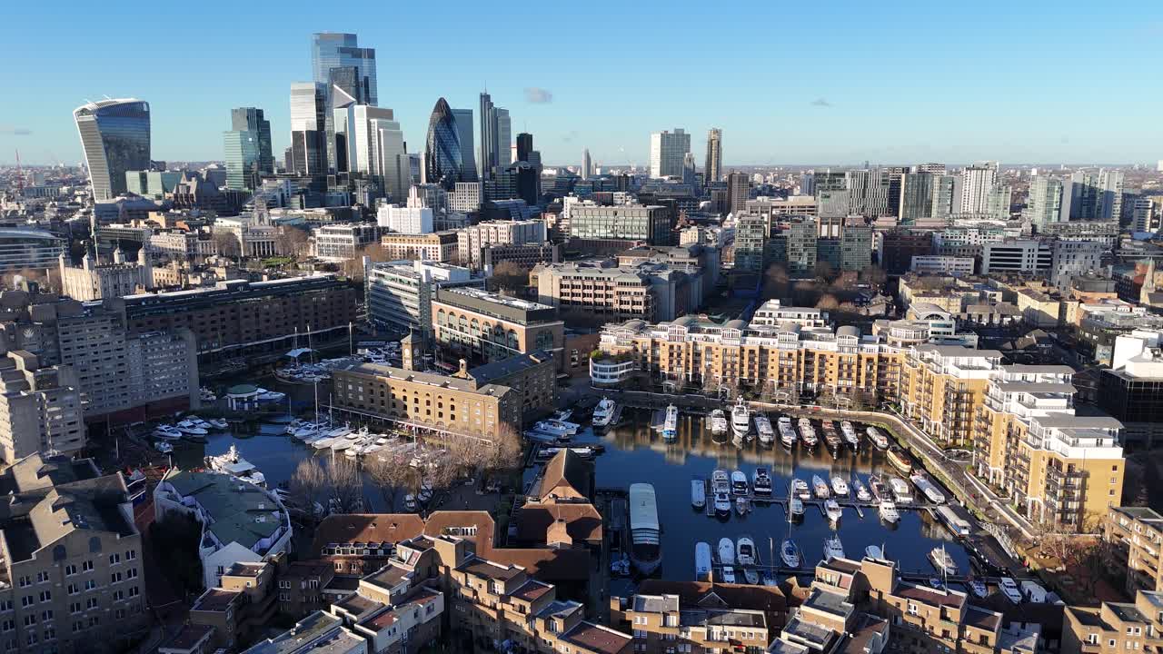 St Katharine Docks Marina East London Skyscrapers in background drone,aerial