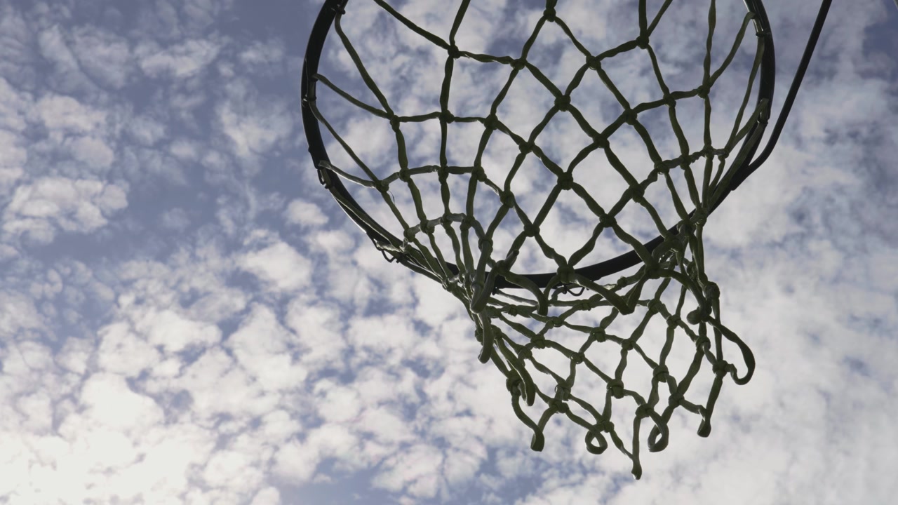 Basketball Hoop and Net Against Cloudy Sky, Low Artistic Angle View