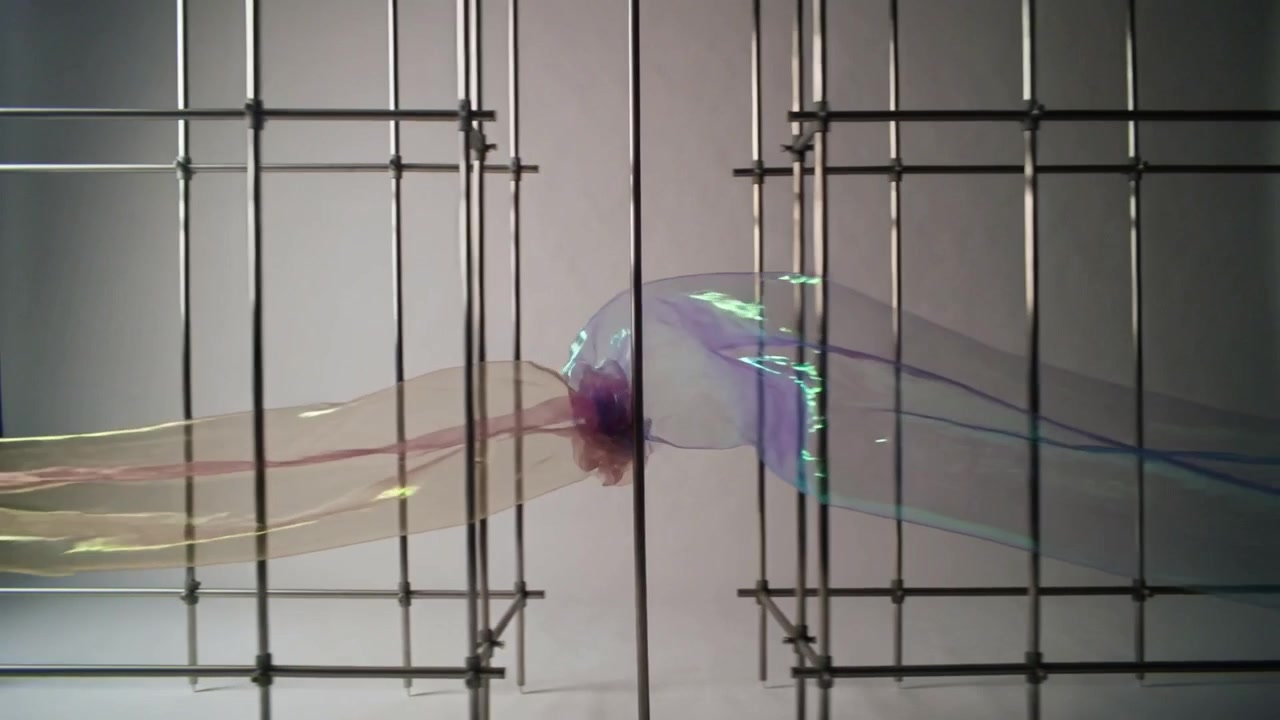 Flowing translucent ribbons moving to central seam in studio, colliding, being pulled through poles