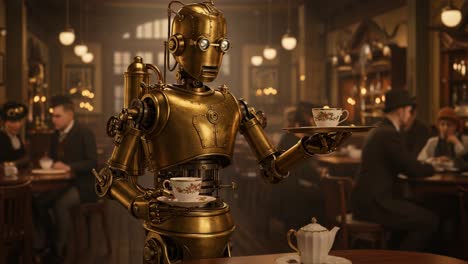 a charming golden robot serves tea in a vintage café, creating a unique atmosphere of hospitality and technology amidst a quaint social setting