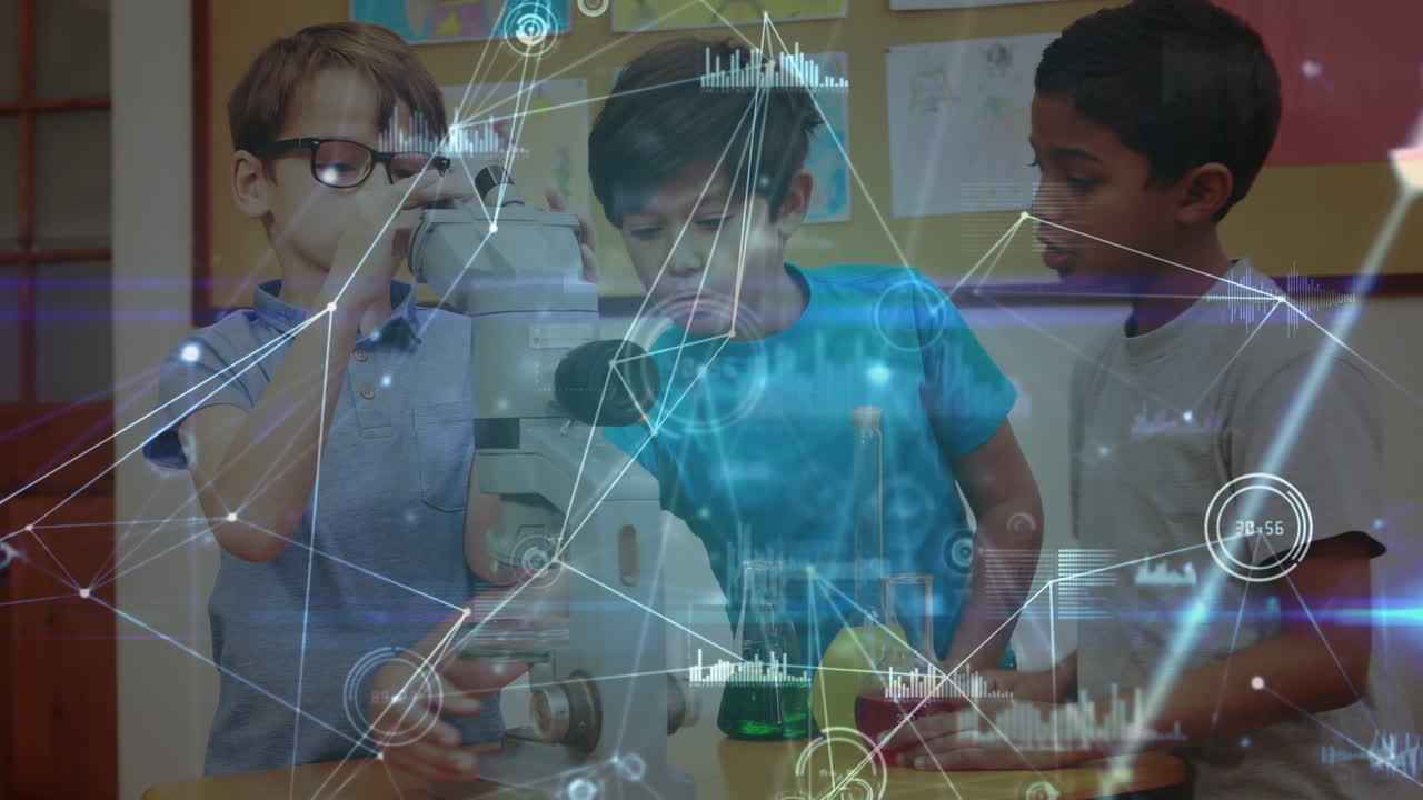 animación de redes de conexiones entre diversos escolares durante la clase de química