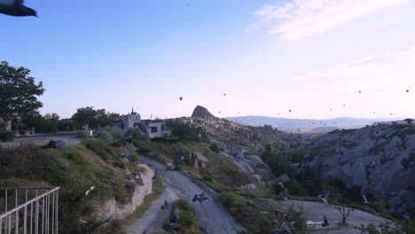 Birds-flying-over-a-sunset-in-Cappadocia-with-hot-air-balloons