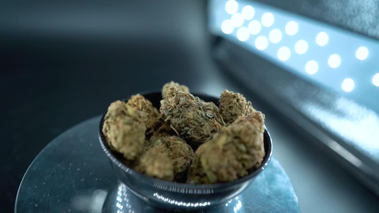 un zoom macro cinematográfico en un movimiento de grúa épico suave toma de una planta de cannabis, cepas híbridas de naranja, tipo indica, flor de marihuana, cámara lenta 120 fps, luces de estudio, soporte giratorio brillante