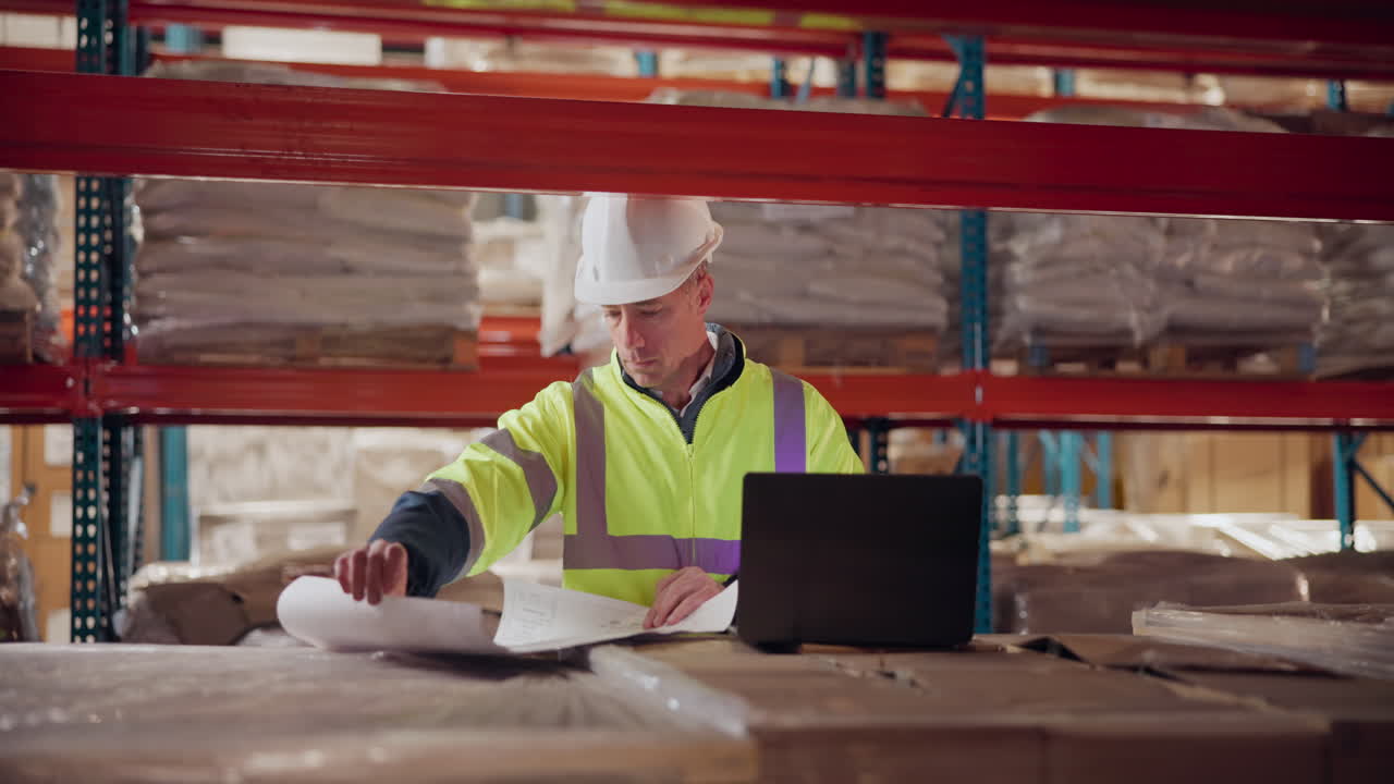 Warehouse worker reviewing plans with laptop