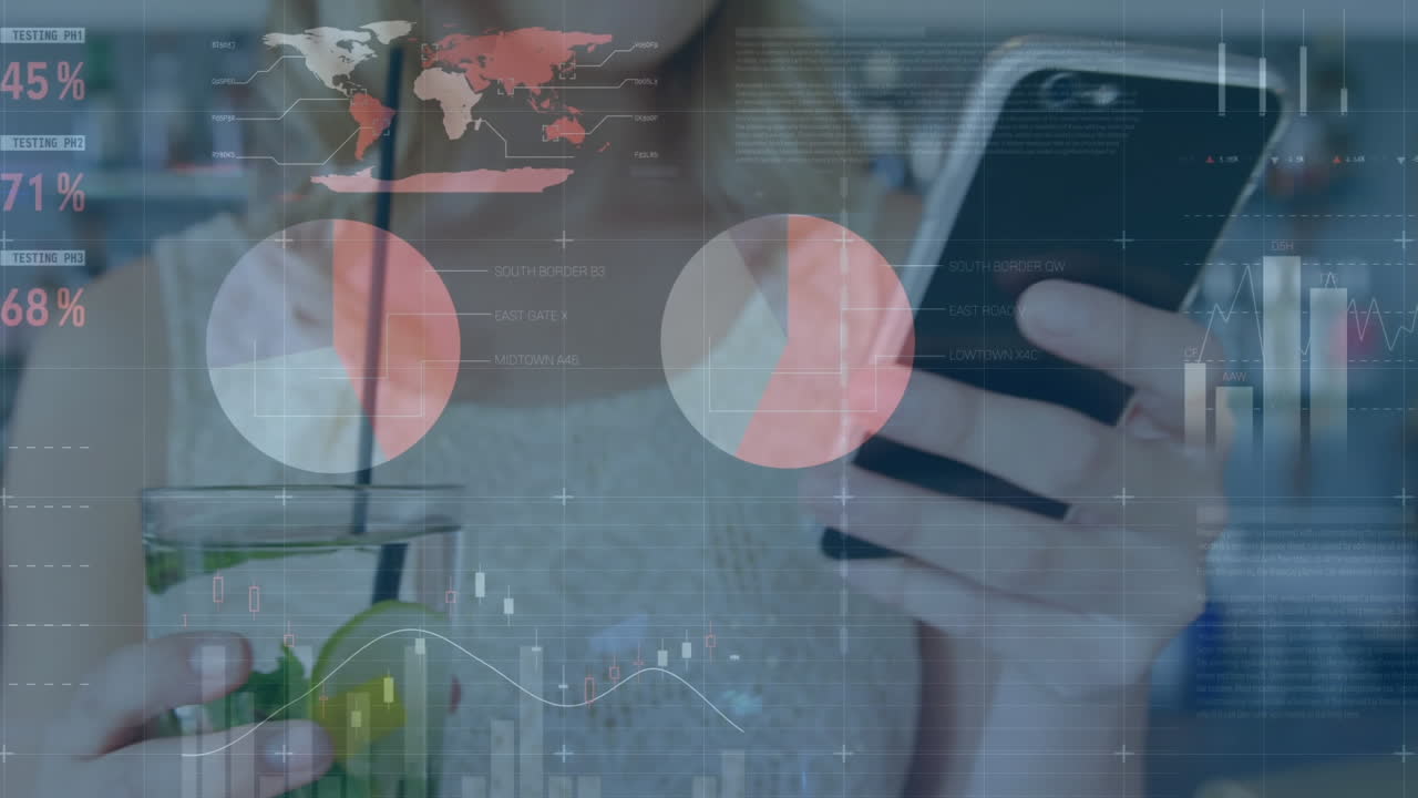 스마트 폰을 사용하는 여성에 대한 통계 및 금융 데이터 처리의 애니메이션