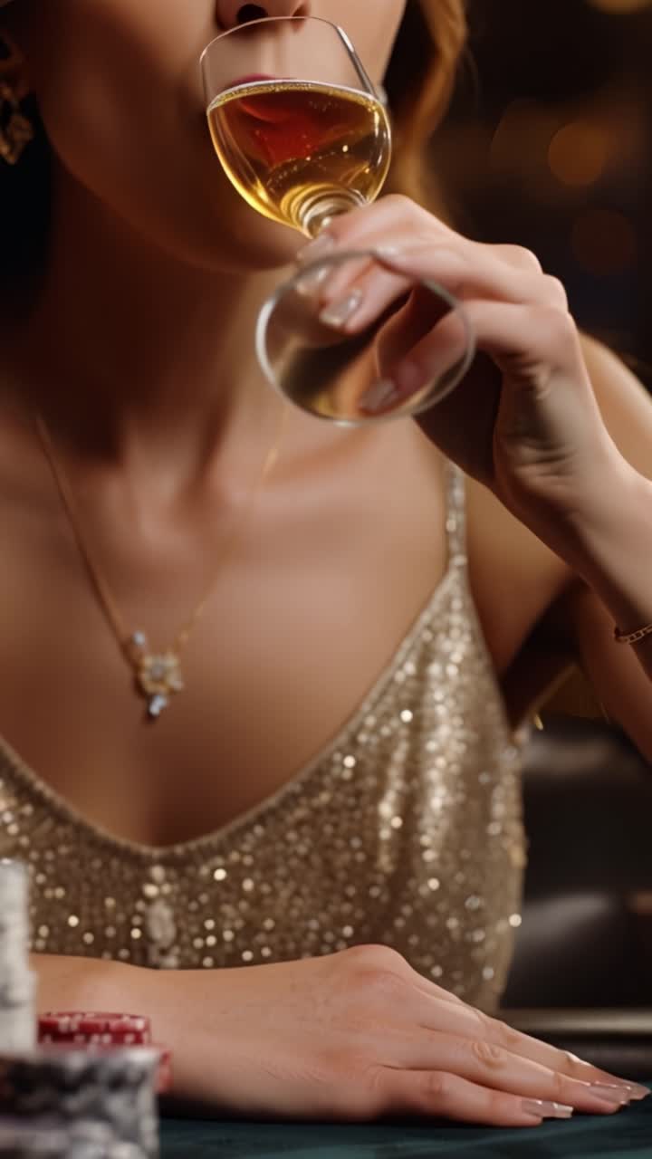 Donna elegante con champagne in mano a un tavolo da poker, che celebra una vincita o si gode una serata in un ambiente lussuoso, ricco di attesa e glamour.