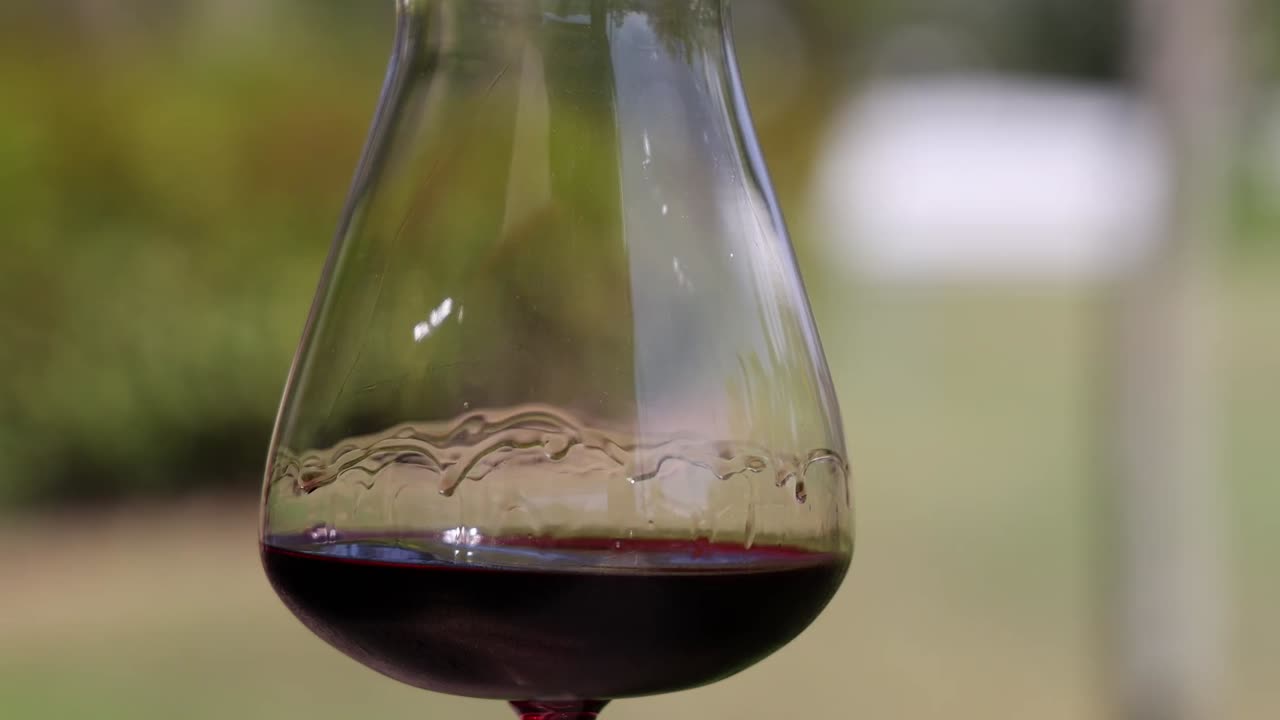 Primo piano di vino rosso che si mescola in un bicchiere con uno sfondo sfocato di un giardino