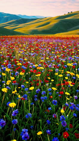 vibrant wildflower meadow with rolling hills at sunrise
