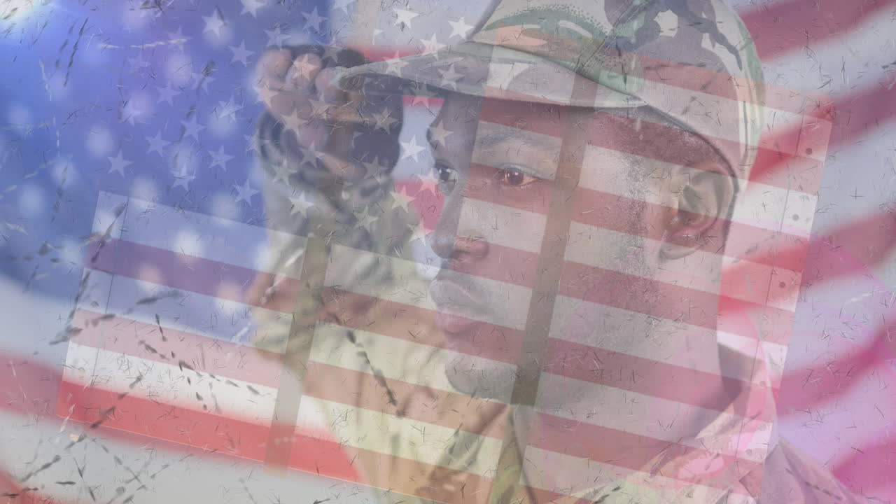 animación de un soldado saludando la bandera estadounidense