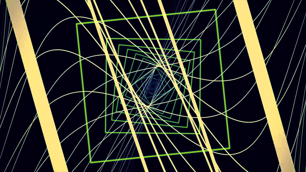 Moving through neon straight tunnel made of simple square green gates and curved narrow yellow lines flowing on black background. Animation. Colorful magnetic rhombus tunnel