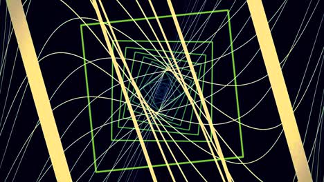moviéndose a través de un túnel recto de neón hecho de puertas verdes cuadradas simples y líneas amarillas estrechas curvas que fluyen sobre un fondo negro. animación. túnel de rombo magnético colorido
