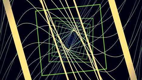 moving through neon straight tunnel made of simple square green gates and curved narrow yellow lines flowing on black background. animation. colorful magnetic rhombus tunnel