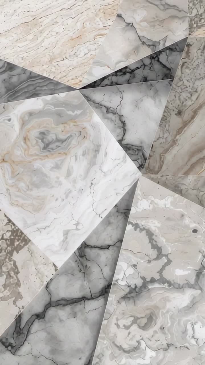 Video verticale: la camera inizia a scorrere orizzontalmente sui pannelli triangolari di marmo all'interno, rivelando le venature