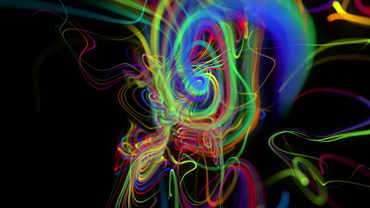 fondo en bucle abstracto con flujo de líneas multicolores de brillo o rayas de luz. las partículas de luces en funcionamiento se forman en el espacio 3d brillando hermosas líneas curvas con luz de neón. hermoso bg creativo en 4k.