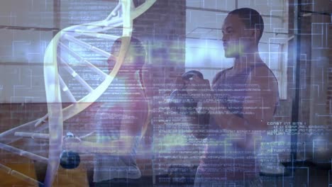 procesamiento de datos médicos contra una pareja de raza mixta que hace ejercicio con kettlebells en el gimnasio