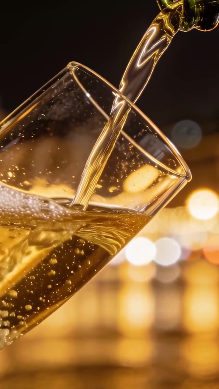 Video verticale: Bottiglia verde che si inclina versando liquido dorato per riempire un bicchiere al bar, con bollicine che salgono.