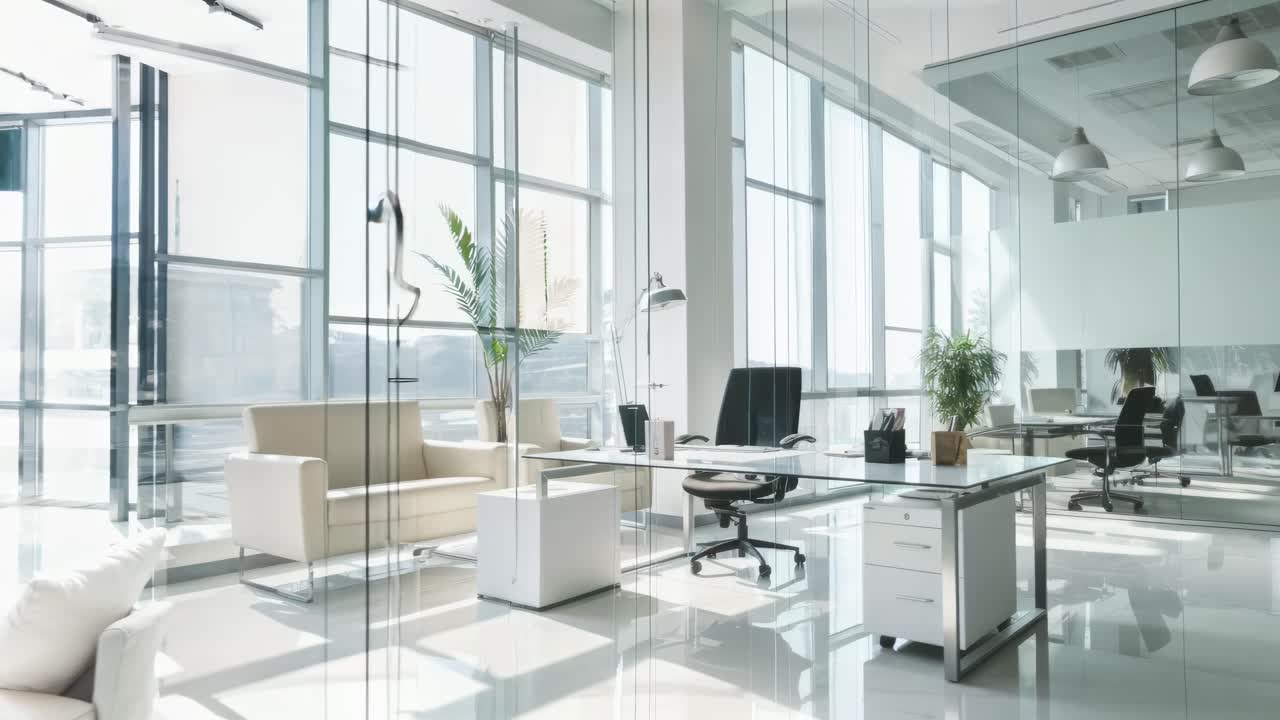 Wide-angle shot of a modern, minimalist office with large windows, sleek furniture, and bright
