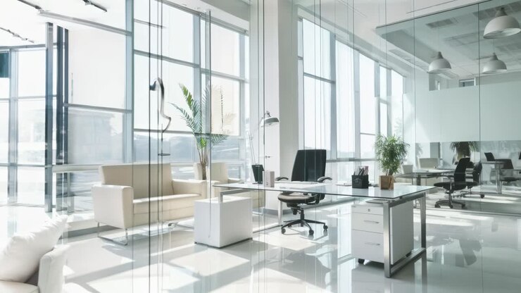 Inquadratura grandangolare di un ufficio moderno e minimalista con ampie finestre, mobili eleganti e luminosi