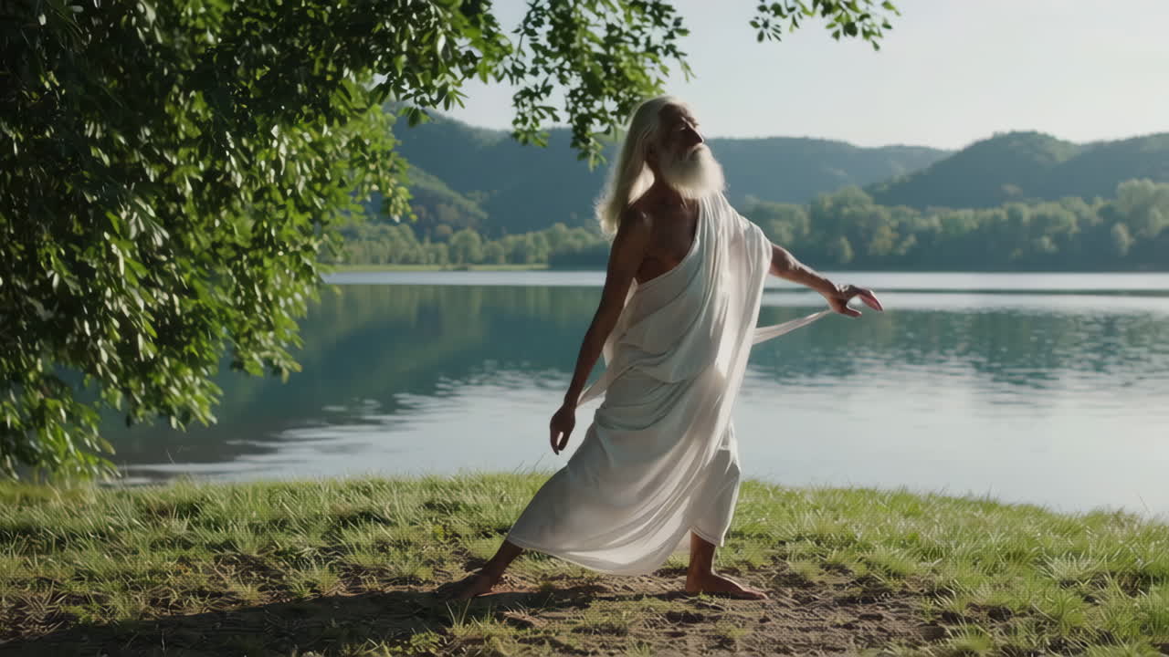 Elderly Man in Meditation Pose by the Lake