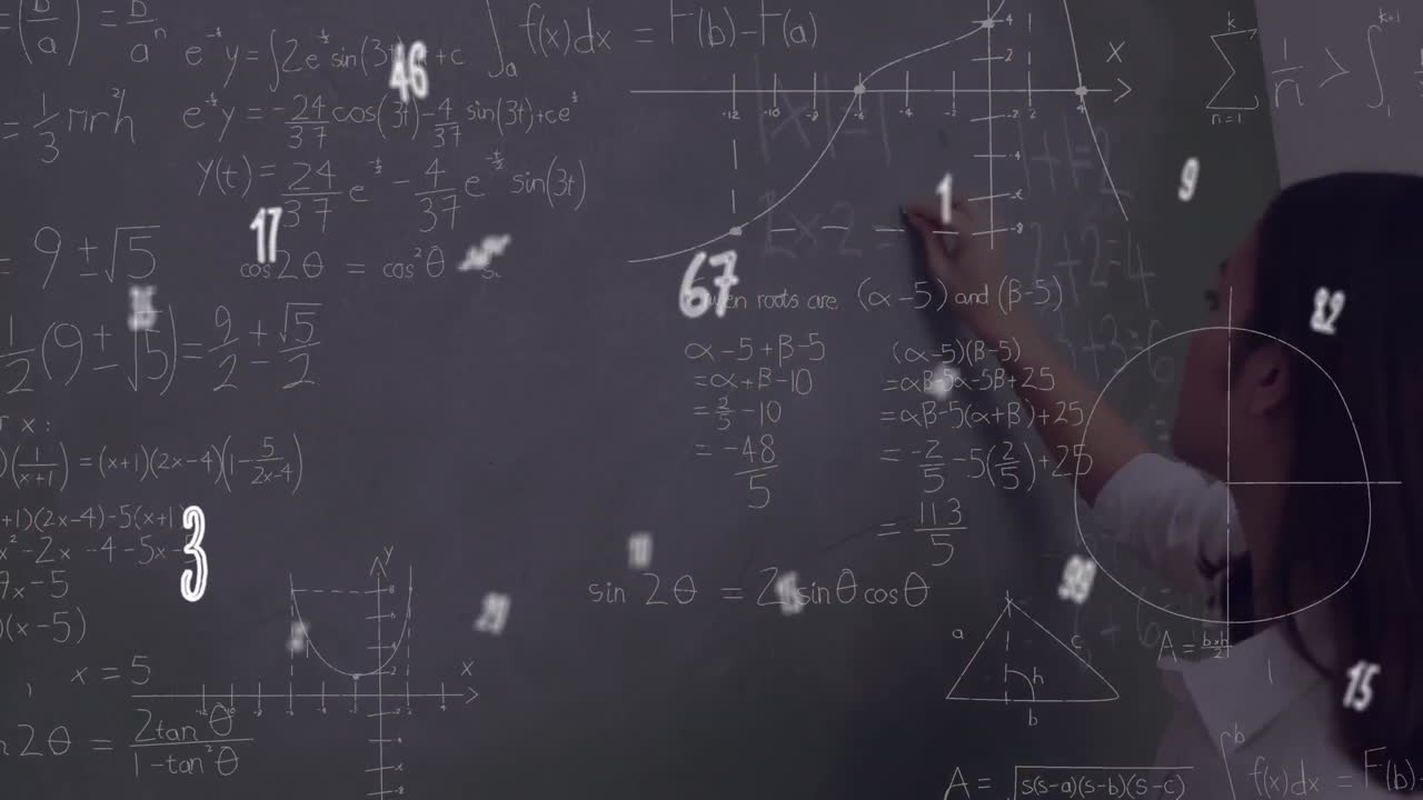 어두운 배경에 있는 백인 여성 위에 움직이는 수학 수식의 애니메이션