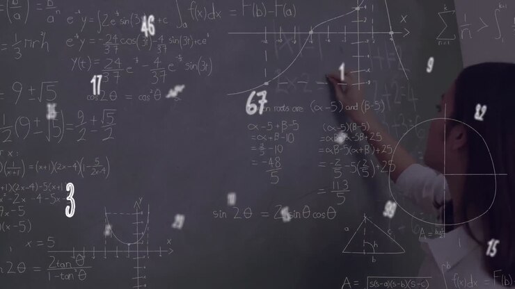 Animazione di formule matematiche in movimento su donne caucasiche su sfondo scuro