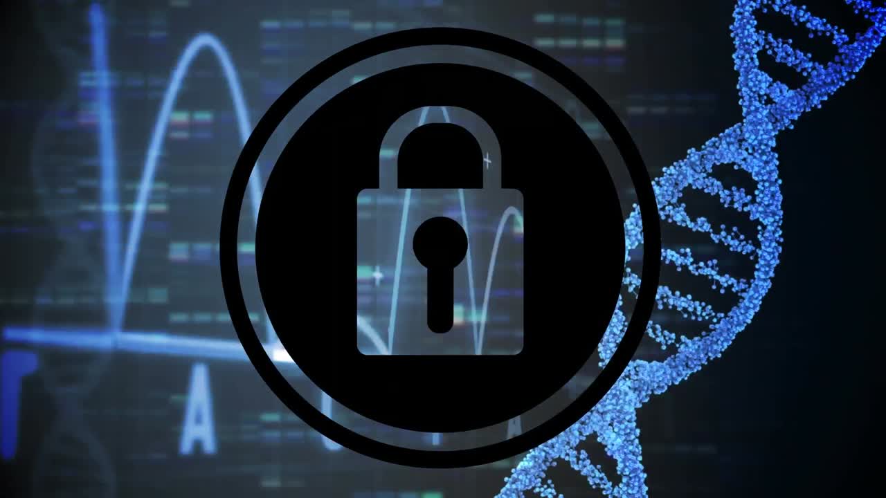 animación de la cadena de adn y el candado de seguridad en línea sobre un fondo oscuro