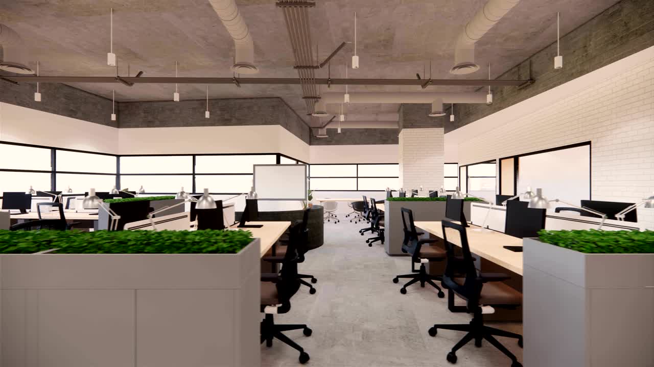 내부 빈 현대 로프트 오피스 오픈 스페이스 현대 오피스 영상.현대 오픈 콘셉트 로비 및 리셉션 영역 회의실 디자인.