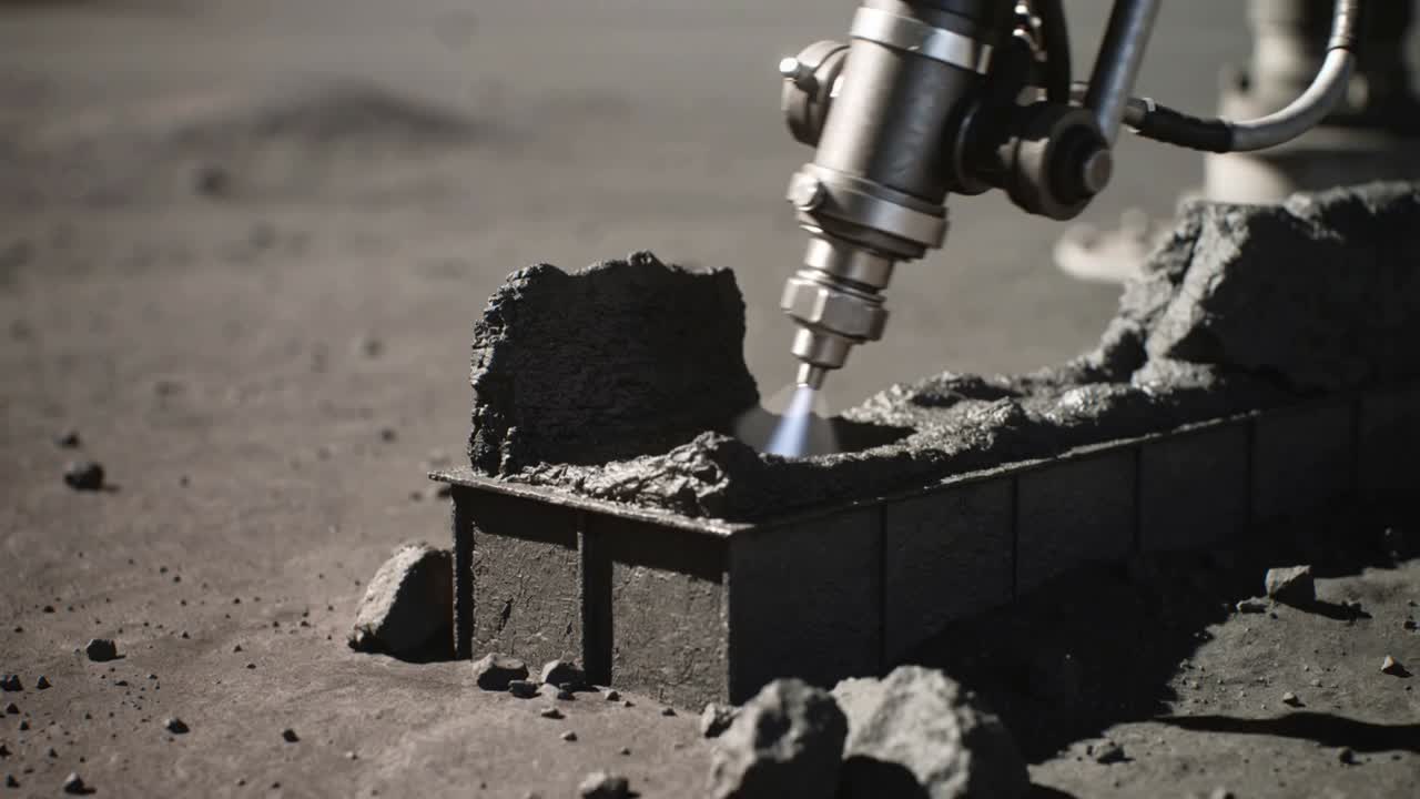 Receiving signal, robotic nozzle spraying and compacting powder on block form, consolidating layer