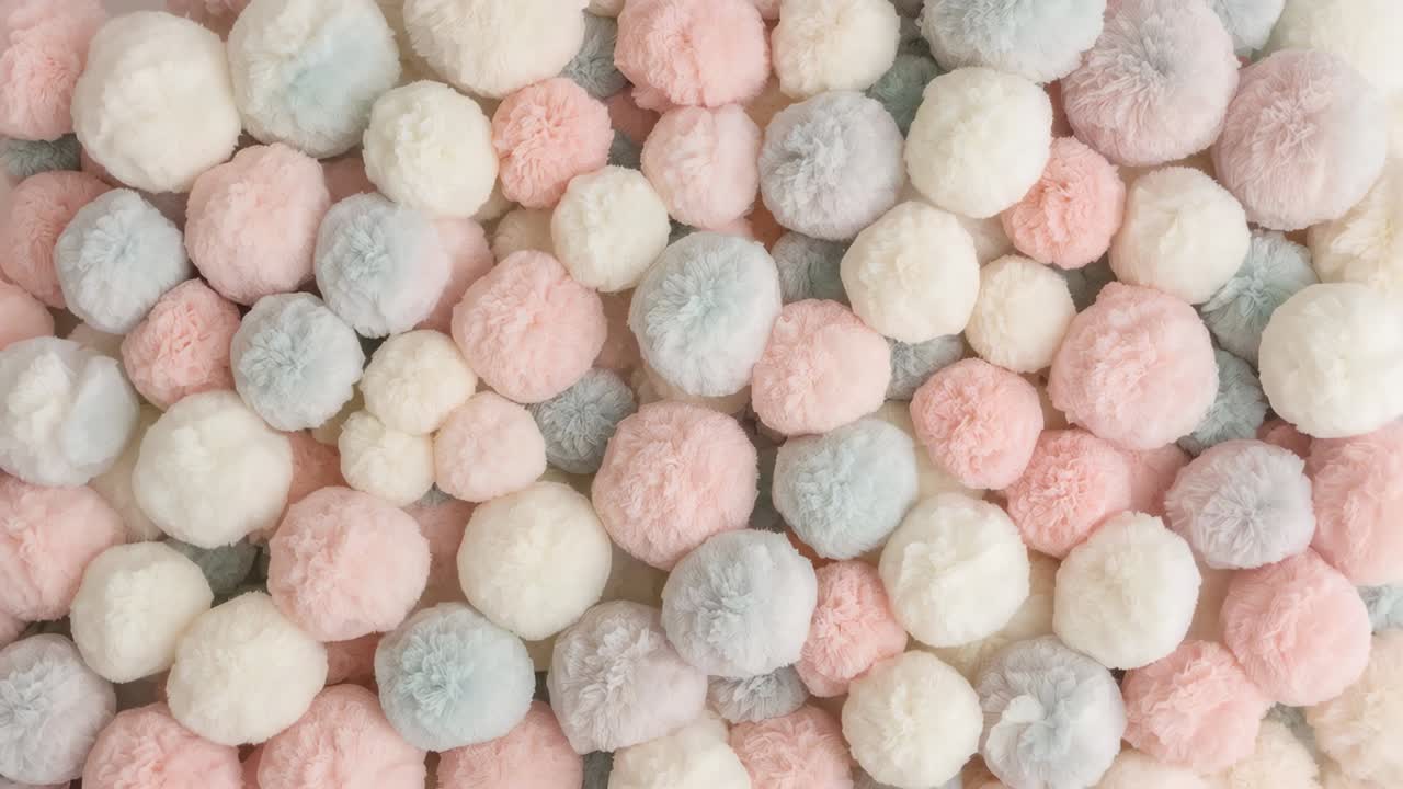 Panning camera capturing overhead close-up of pastel pom-pom spheres on tray, showing texture