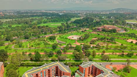 circular drone view over simon bolivar park in bogotá, showing green lawns, trees, paths, buildings, and city backdrop.