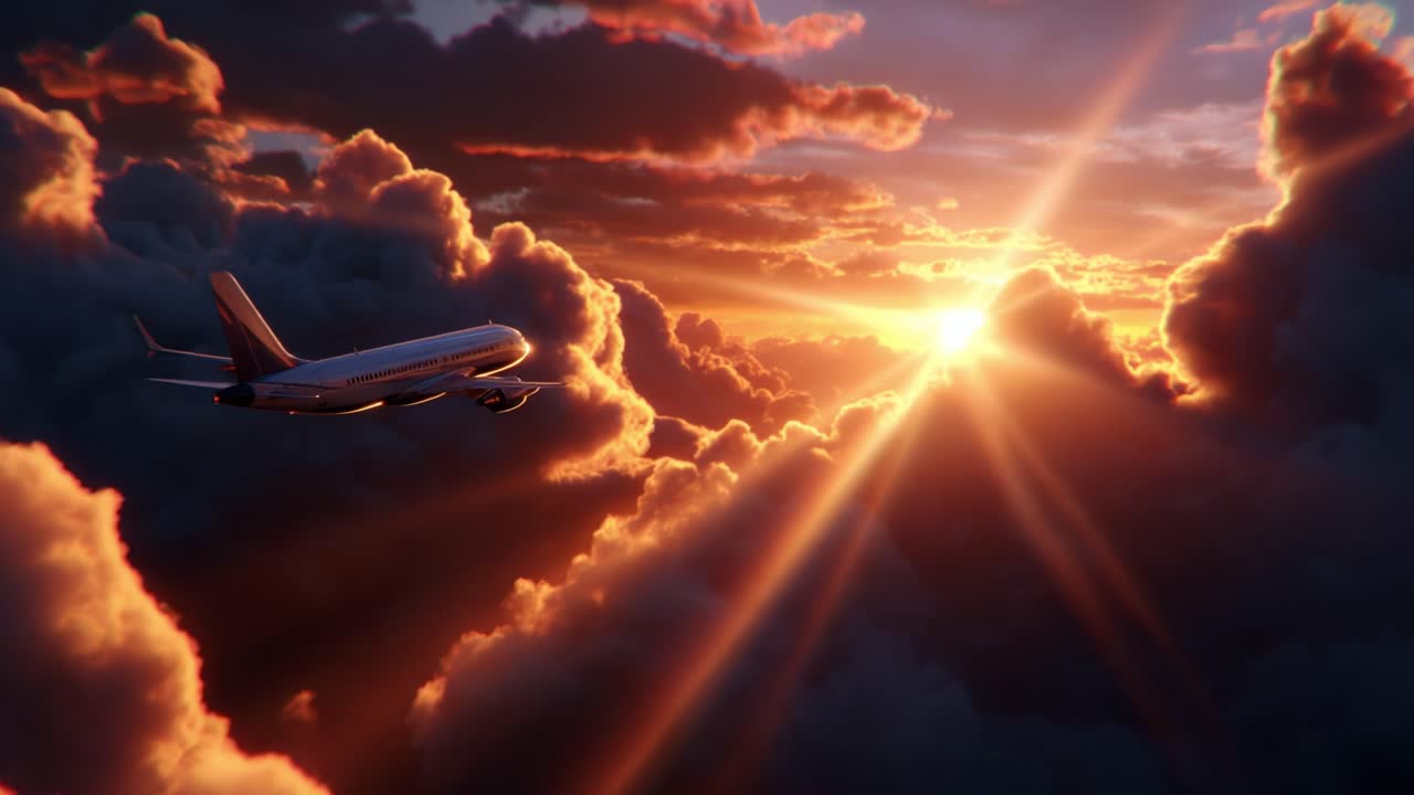 A stunning visual of an airplane soaring through vibrant clouds as the golden sun begins to rise, casting beautiful rays of light that illuminate the scene and create a breathtaking atmosphere of travel and freedom