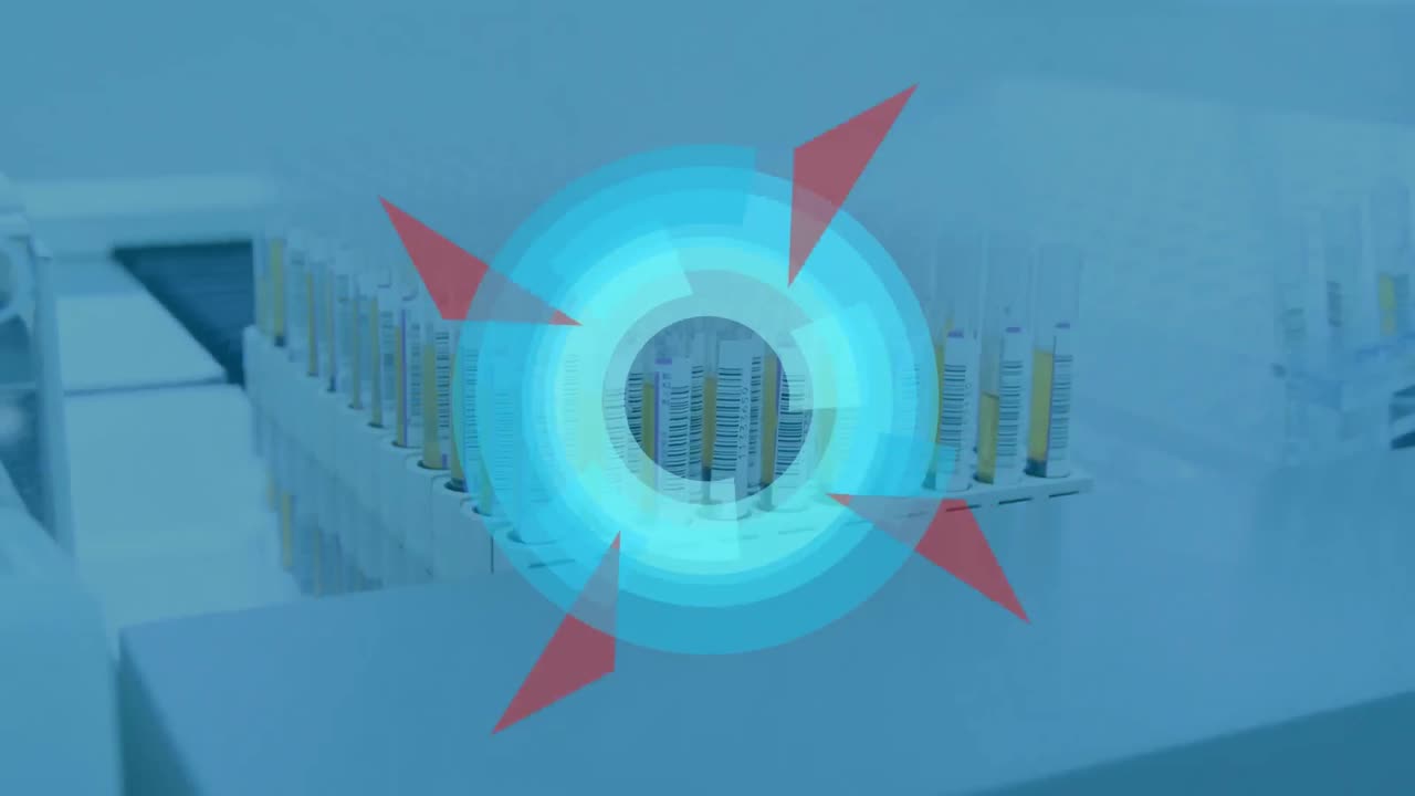 추상적인 기하학적 원형 모양은 실험실의 스탠드에서 여러 시험 튜브에 대해 회전합니다.