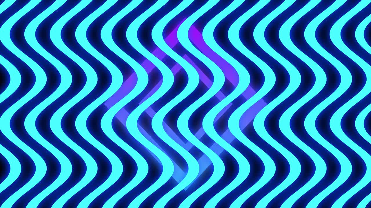animación de múltiples líneas onduladas azules de neón brillantes que se mueven sobre formas de diamante púrpura en l sin costura