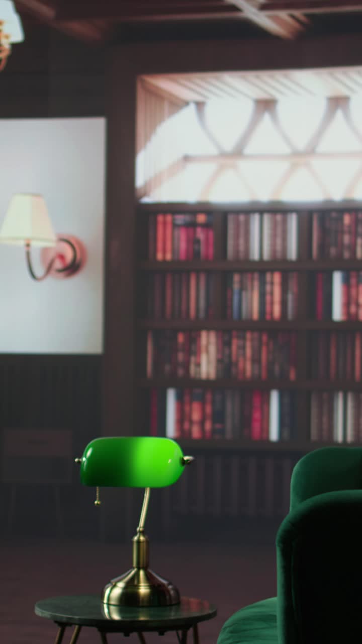 Green Banker's Lamp on Table in a Classic Library Setting