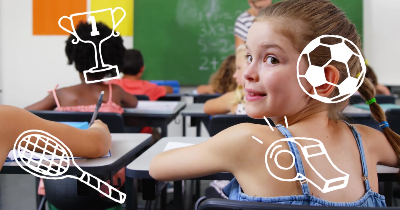 Animation of school concept icons against rear view of caucasian girl studying in class at school