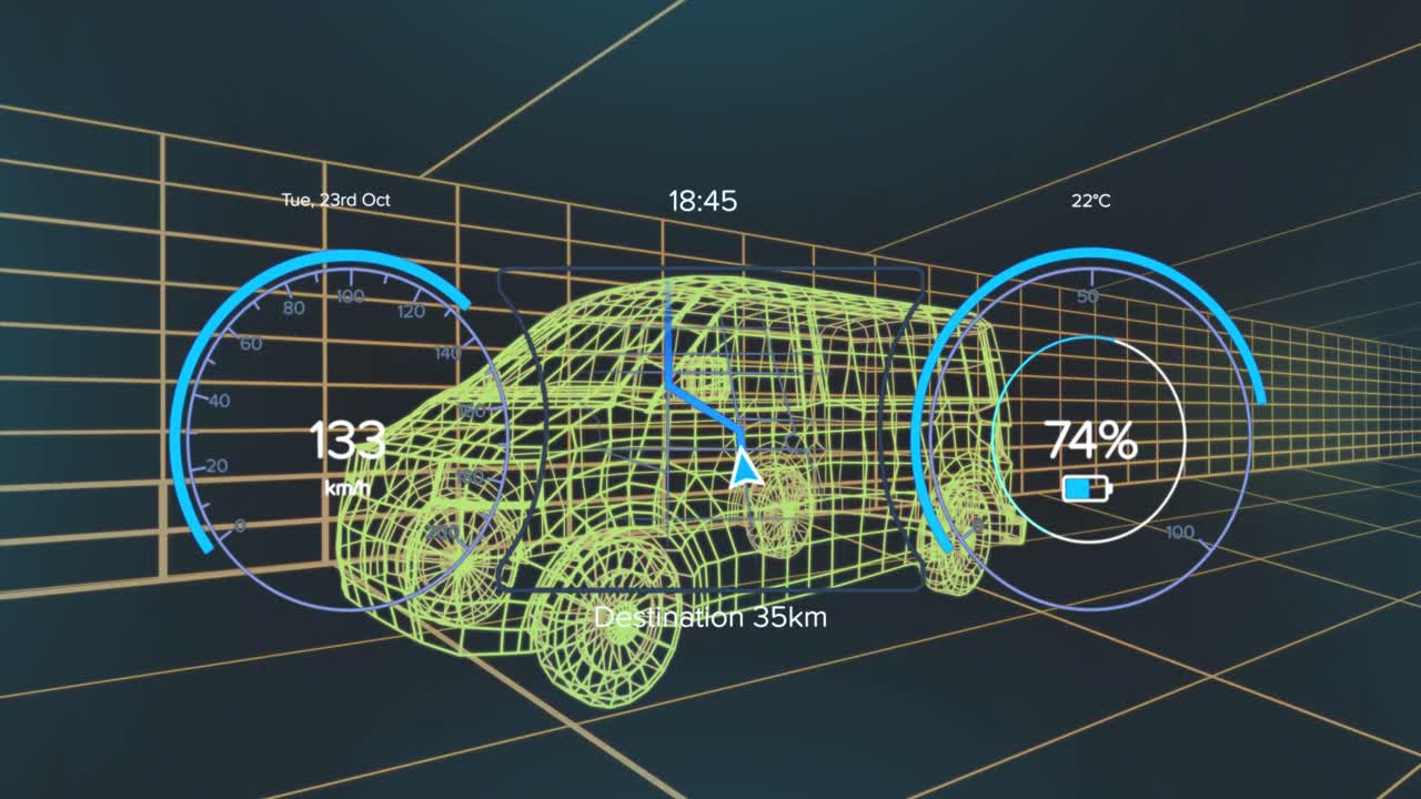 차량 인터페이스에 있는 스피도미터, gps 및 충전 상태 데이터의 애니메이션, 3d 밴 모델
