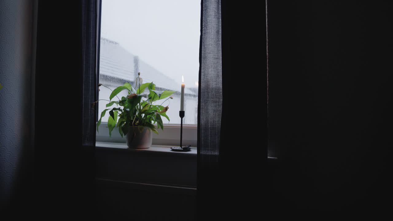 Lit candle and a peace lily by a window on a rainy day
